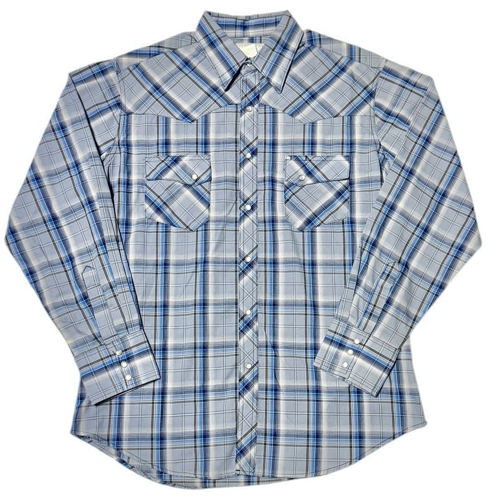 Wrangler Wrancher Shirt Mens Large Blue Plaid Pearl Snap Western Long Sleeve